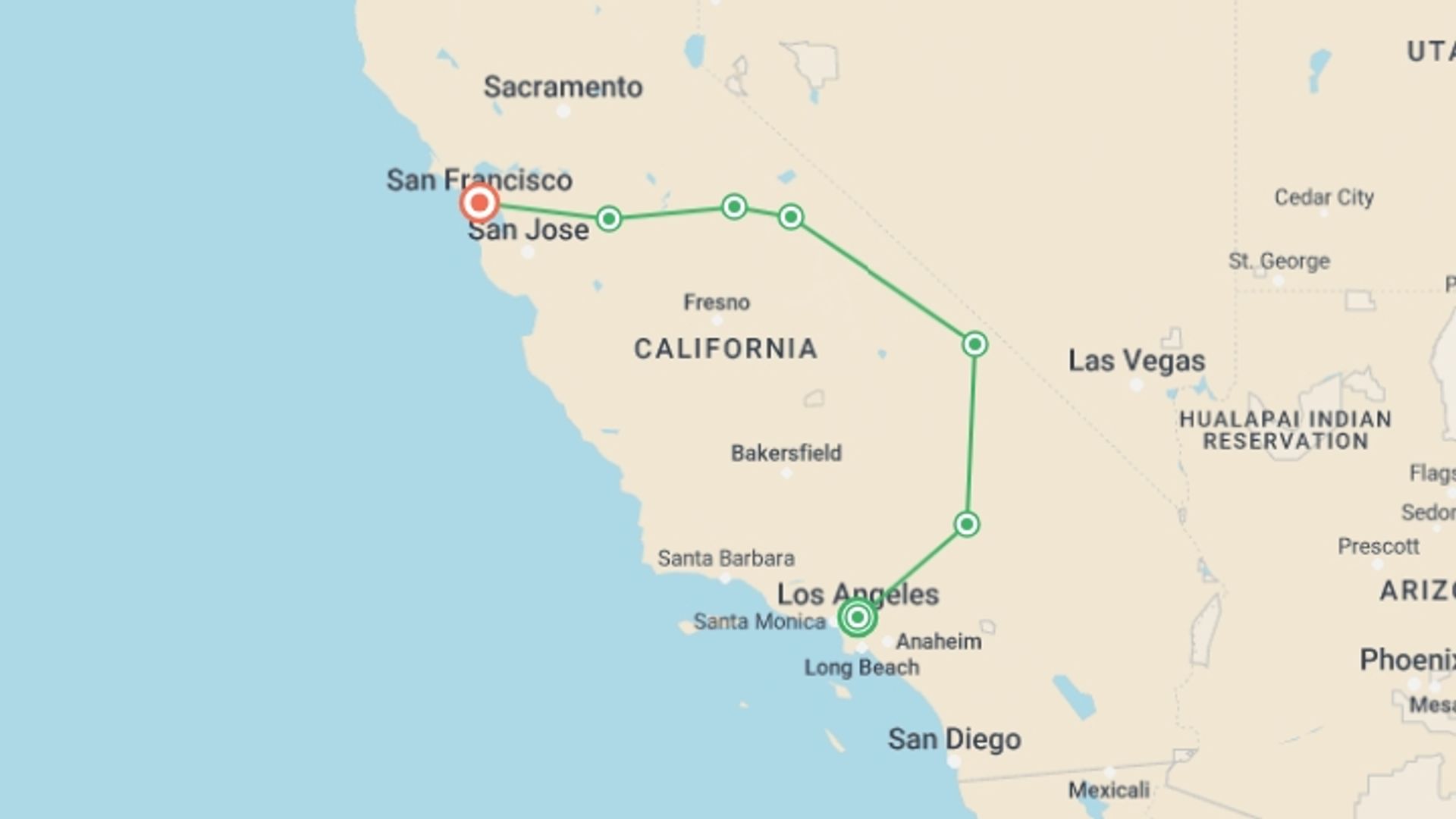A map showing the tour itinerary for the trip: California Dreaming with Las Vegas, starting in Los Angeles, USA and ending in San Francisco, USA going through 4 other destinations.