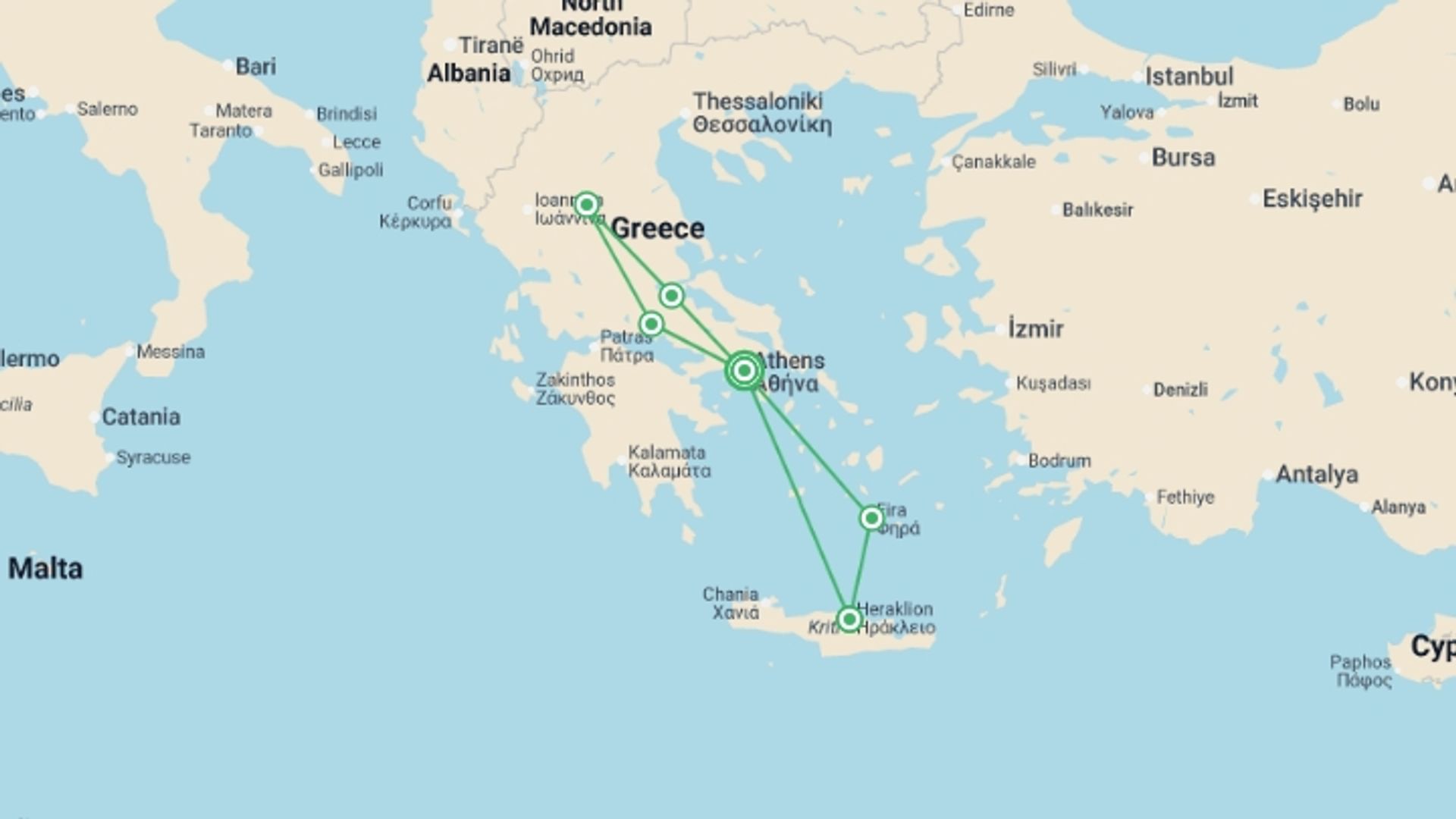 A map showing the tour itinerary for the trip: Athens, Northern Greece and Heraklion, starting in Athens, Greece and ending in Athens, Greece going through 2 other destinations.