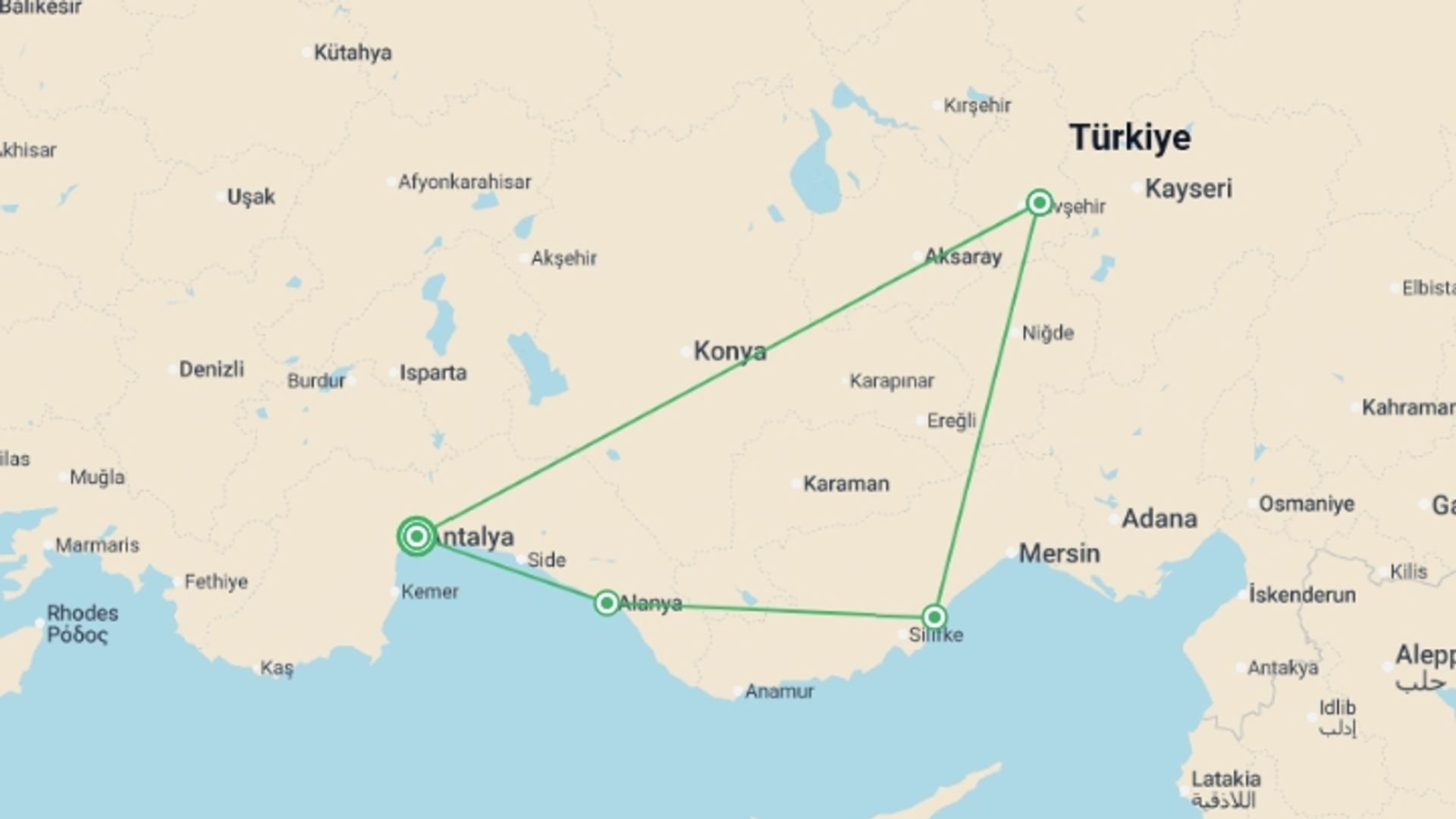 A map showing the tour itinerary for the trip: From Antalya To Cappadocia, Self-drive, starting in Antalya, Turkey and ending in Antalya, Turkey going through 3 other destinations.