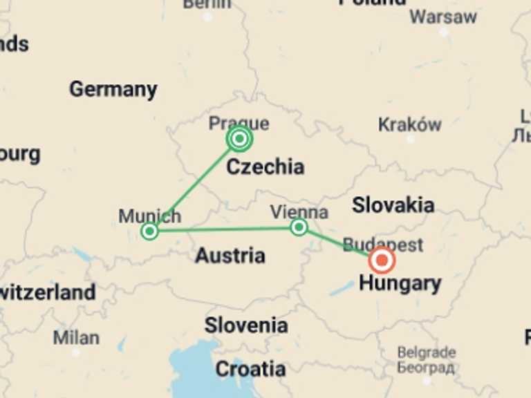 Map of Vienna Cultural, religious and historic sites Tour with 4 destination visits for the trip: Majestic Europe : Prague to Budapest (4 Star Hotels)