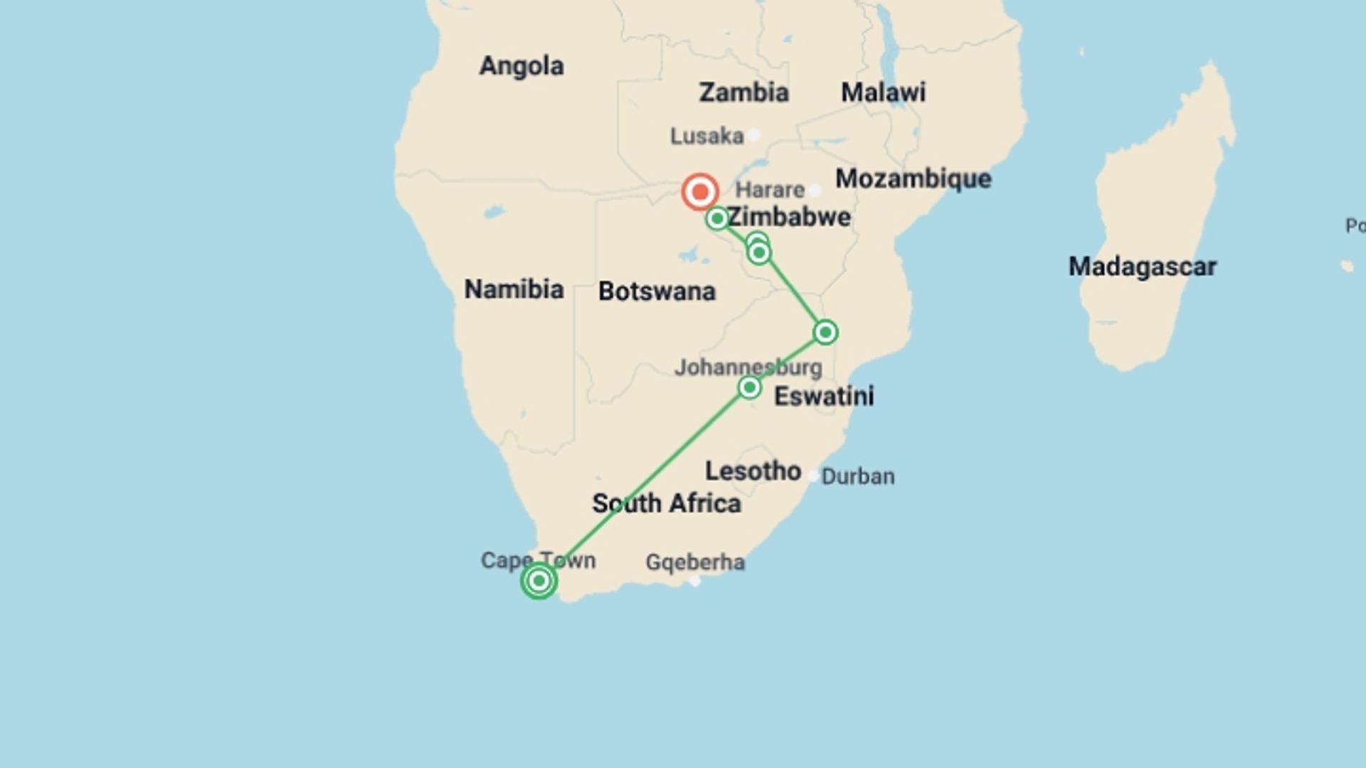 A map showing the tour itinerary for the trip: Cape Town, Kruger & Zimbabwe, starting in Cape Town, South Africa and ending in Victoria Falls, Zimbabwe going through 5 other destinations.