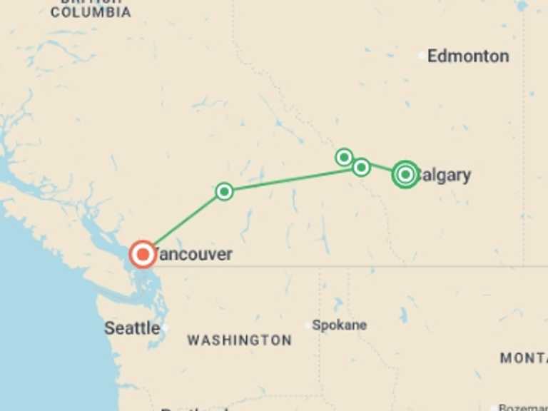 Map itinerary of Canada Tour in Summer with 5 destination visits for the trip: Canadian Rockies featuring Rocky Mountaineer Westbound