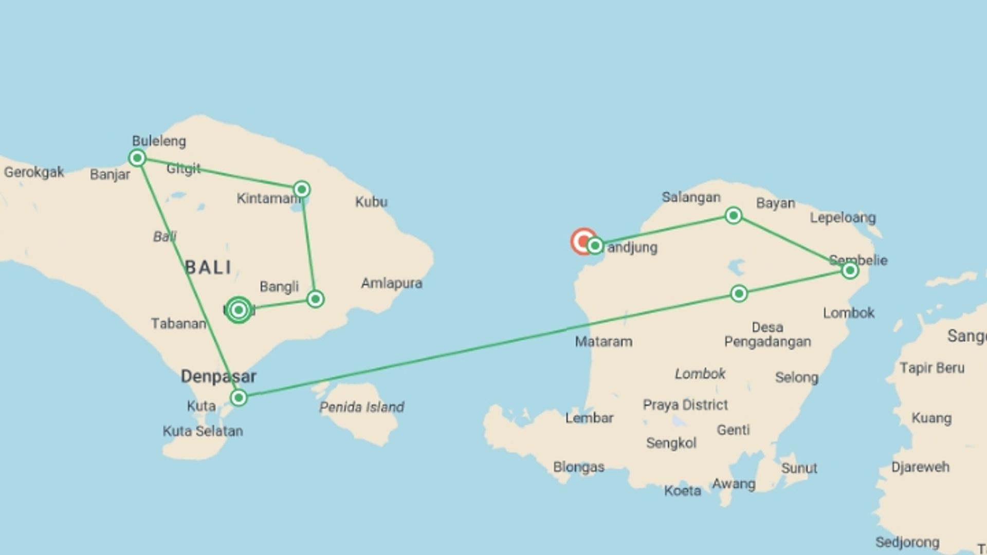 A map showing the tour itinerary for the trip: Bali & Lombok Adventure, starting in Ubud, Indonesia and ending in Gili Islands, Indonesia going through 8 other destinations.