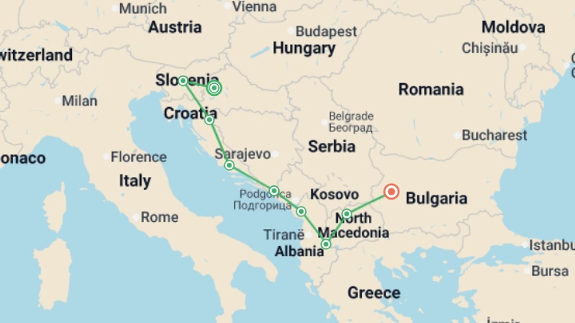 A map showing the tour itinerary for the trip: Wonders of Balkans, starting in Zagreb, Croatia and ending in Sofia, Bulgaria going through 7 other destinations.