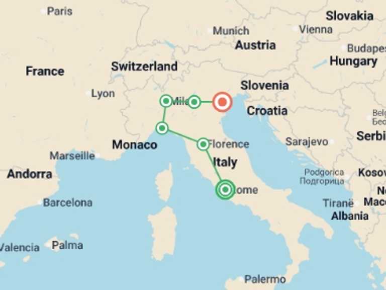 Map itinerary of Italy Tour in January 2026 with 6 destination visits for the trip: Discover Italy