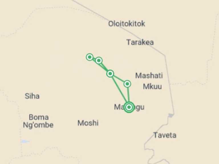 Map of Tanzania Tour with 5 destination visits for the trip: Kilimanjaro: Marangu Route