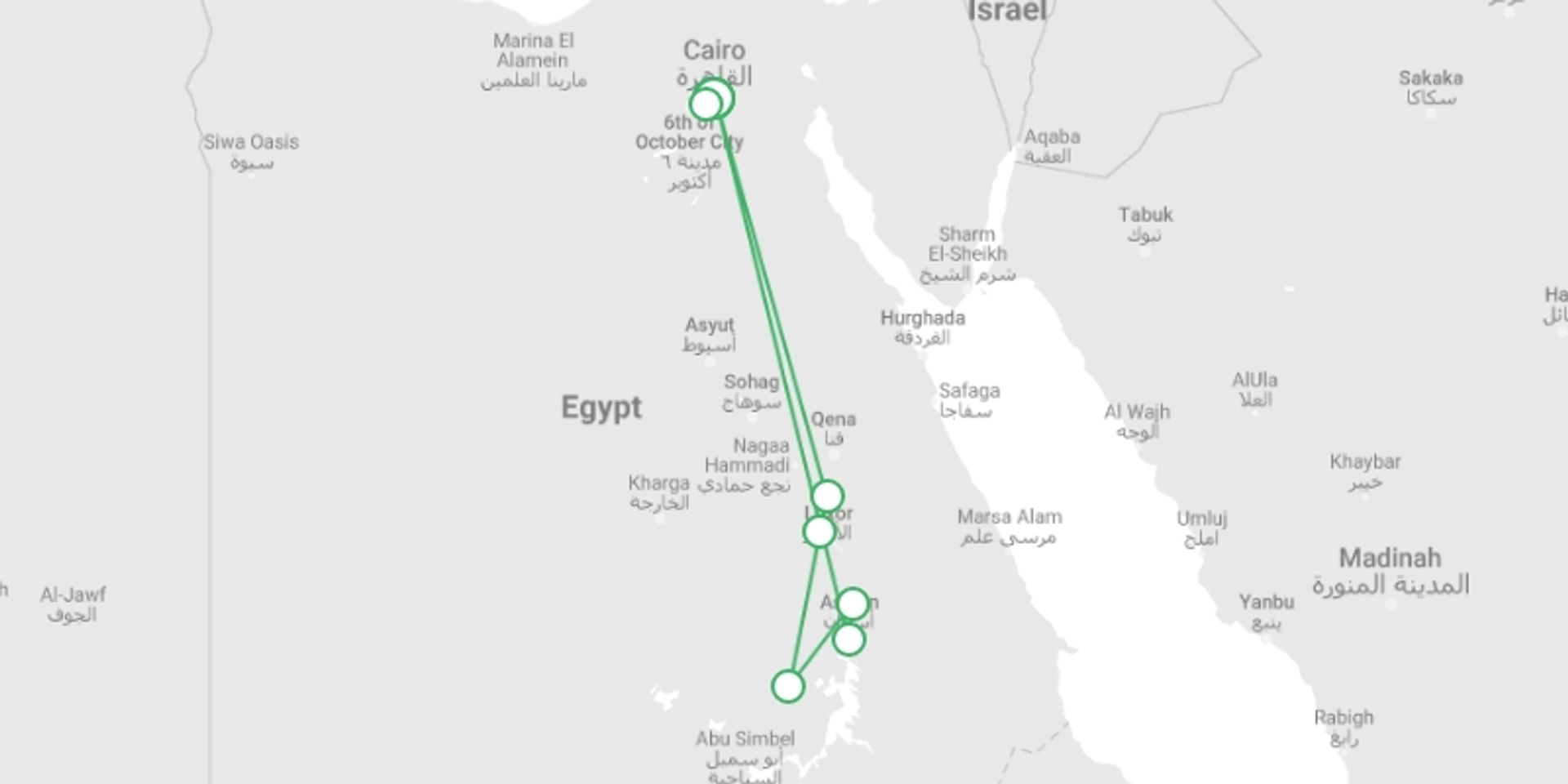 A map showing the tour itinerary for the trip: Cairo & Ancient Luxor by Flight 5 star - 7 days, starting in Cairo, Egypt and ending in Cairo, Egypt going through 3 other destinations.