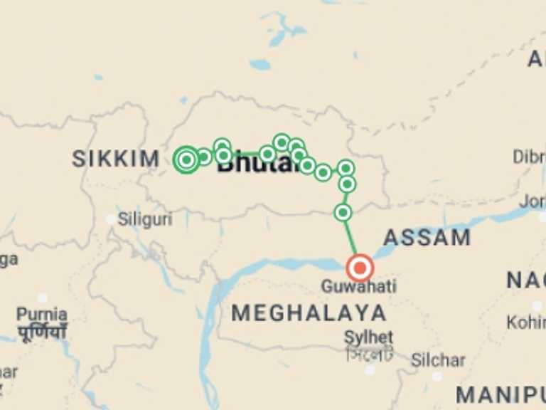 Map of a Bicycle Tour with 15 destination visits for the trip: Mystical Bhutan