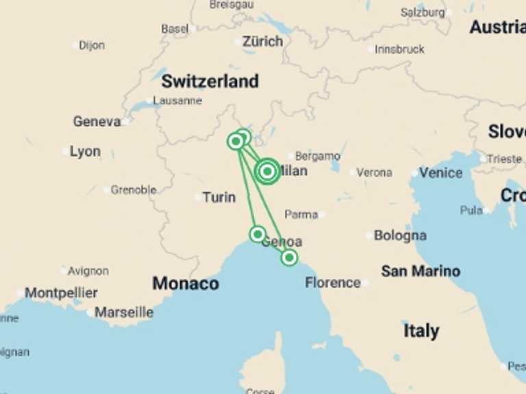 Map itinerary of Europe Tour in April 2027 with 5 destination visits for the trip: Northern Italy Including Cinque Terre