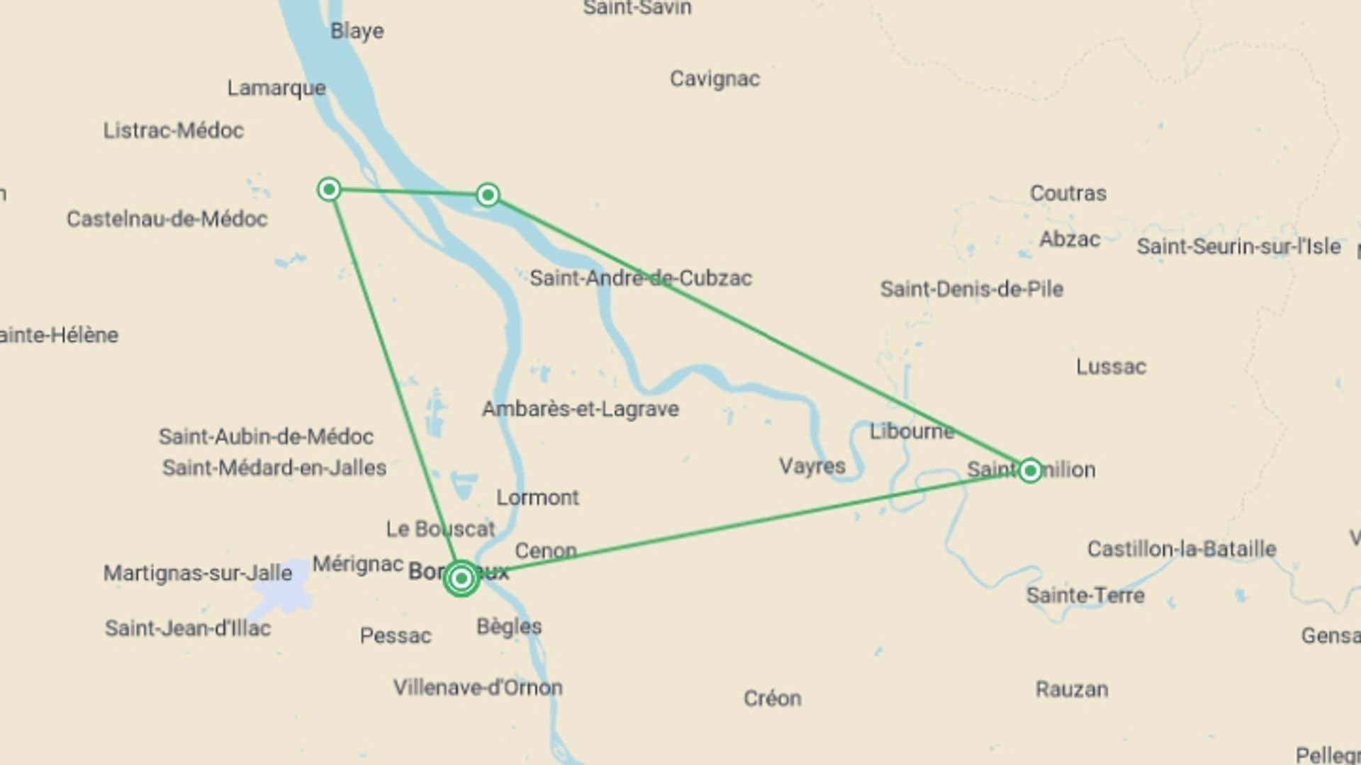 A map showing the tour itinerary for the trip: Bordeaux Vineyard Cycle, starting in Bordeaux, France and ending in Bordeaux, France going through 3 other destinations.