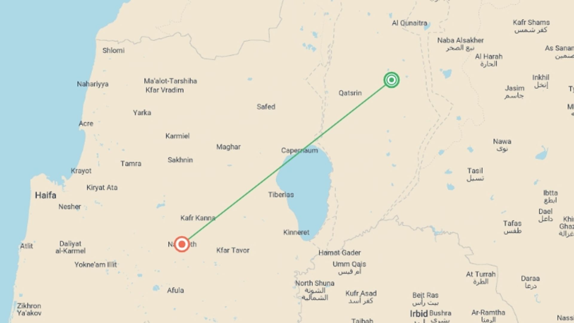 A map showing the tour itinerary for the trip: Nazareth & The Golan Heights, 2 Days From Tel Aviv, starting in Golan, Israel and ending in Nazareth, Israel going through 1 other destinations.