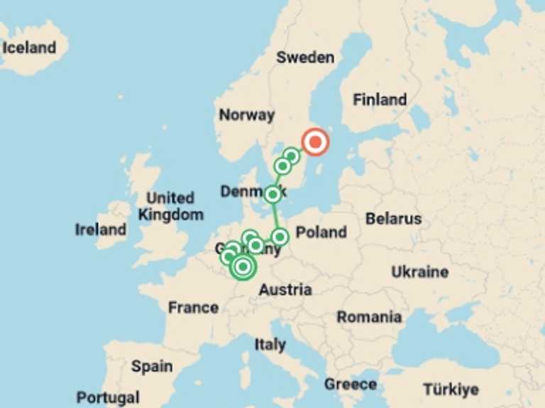 Map of Europe Tour with 6 destination visits for the trip: German Trek End Stockholm