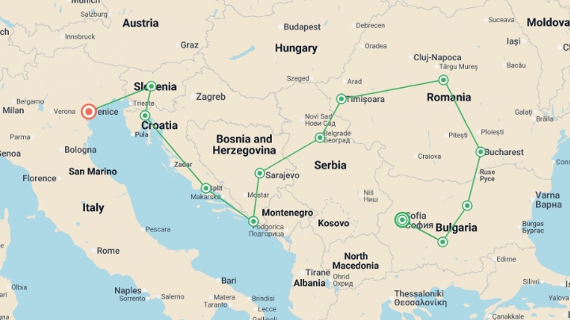 A map showing the tour itinerary for the trip: Balkanic Miracle, starting in Sofia, Bulgaria and ending in Venice, Italy going through 11 other destinations.