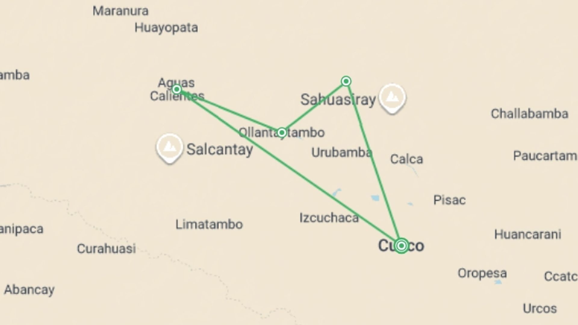 A map showing the tour itinerary for the trip: Ultimate Inca Trail Trek to Machu Picchu 4D/3N, starting in Cusco, Peru and ending in Cusco, Peru going through 4 other destinations.