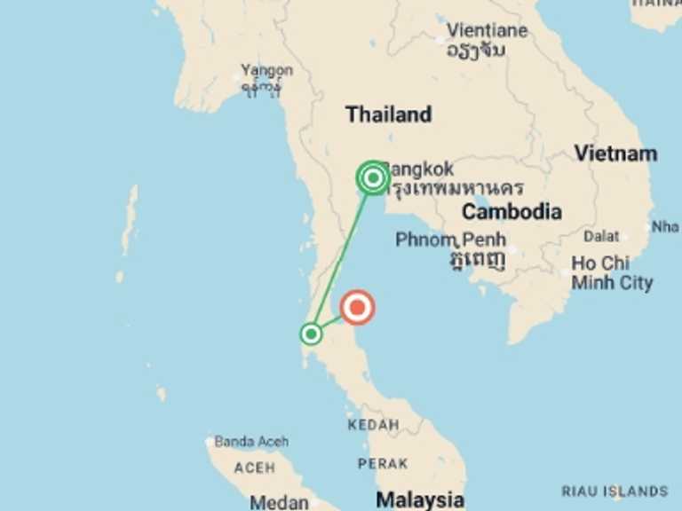 Map itinerary of Asia Tour in April 2027 with 3 destination visits for the trip: Full Moon Experience