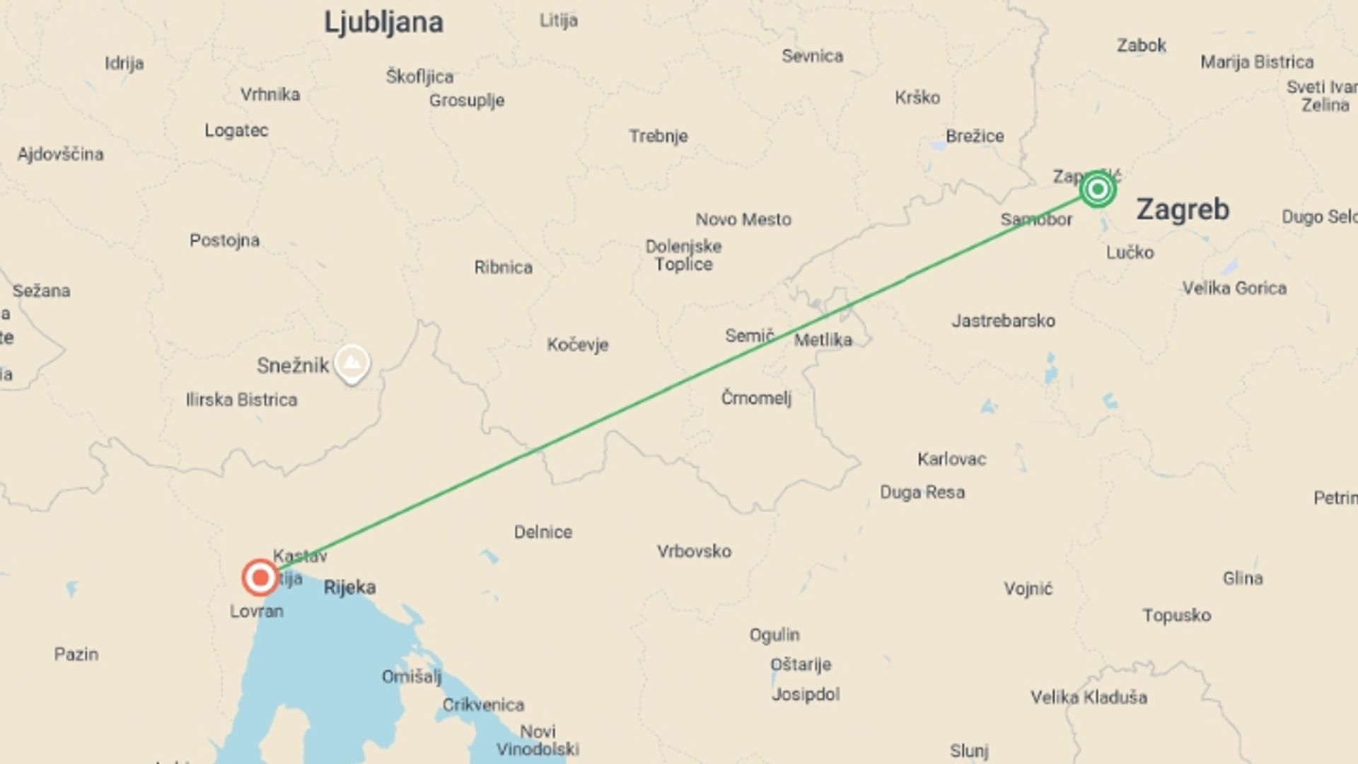 A map showing the tour itinerary for the trip: Zagreb to Opatija - 4 days, starting in Zagreb, Croatia and ending in Opatija, Croatia going through 0 other destinations.