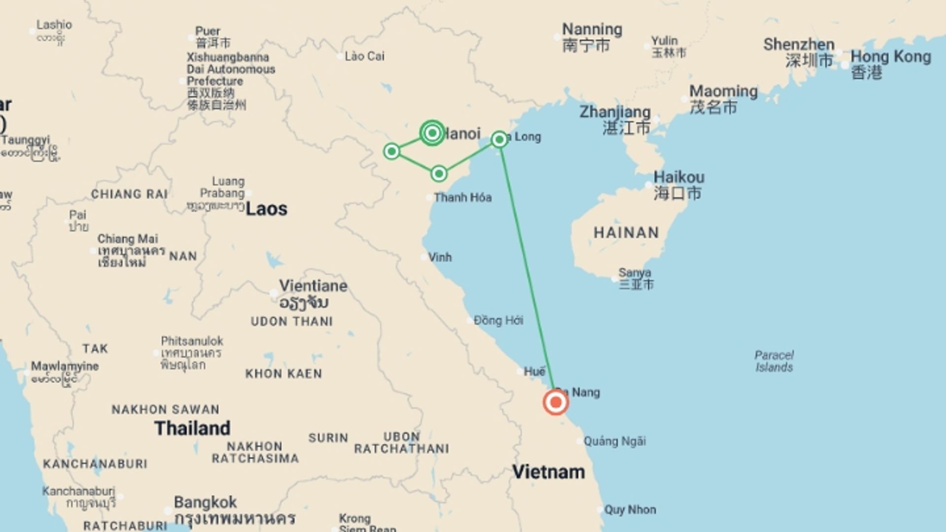 A map showing the tour itinerary for the trip: Vietnam Family Holiday with Teenagers, starting in Hanoi, Vietnam and ending in Hoi An, Vietnam going through 3 other destinations.