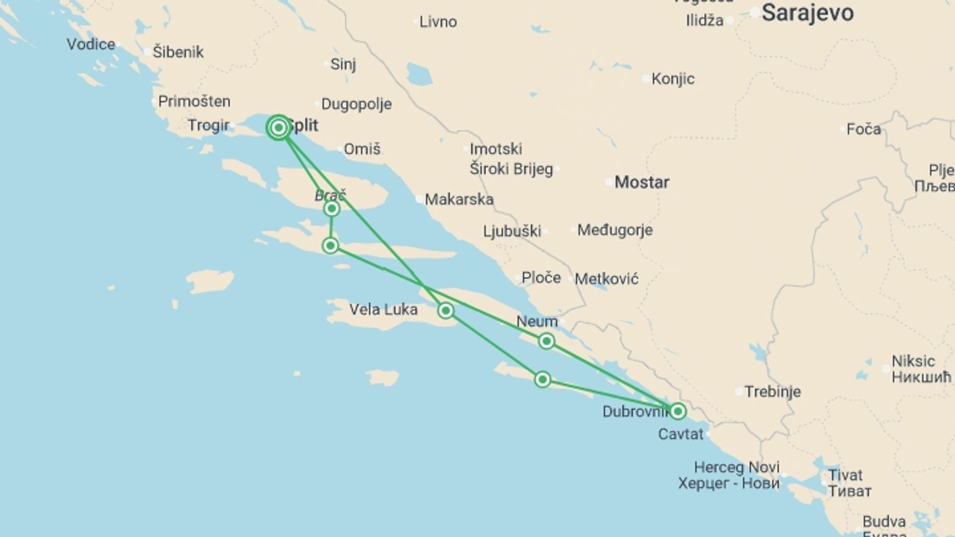 A map showing the tour itinerary for the trip: Creme de la Croatia (Deluxe Superior) - 8 days, starting in Split, Croatia and ending in Split, Croatia going through 3 other destinations.