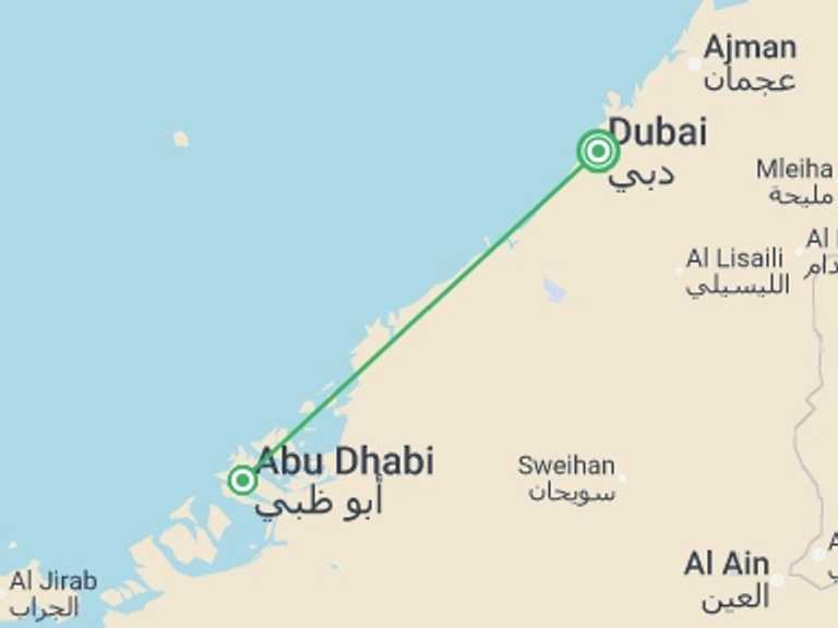 Map itinerary of Middle East Tour in July 2026 with 2 destination visits for the trip: Abu Dhabi Family Escapade - 8 days