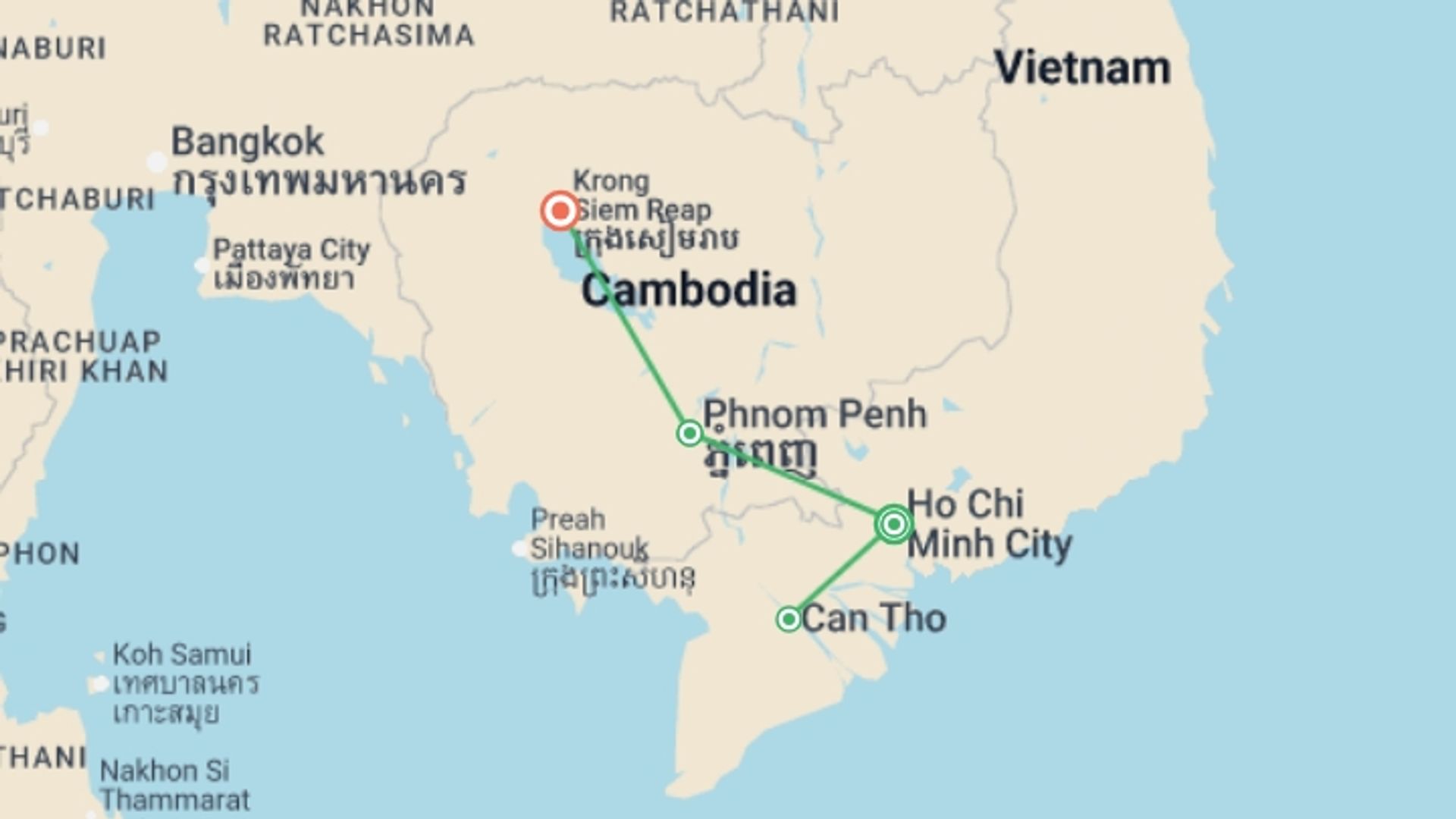 A map showing the tour itinerary for the trip: Saigon to Siem Reap - 8 days, starting in Ho Chi Minh City, Vietnam and ending in Siem Reap, Cambodia going through 3 other destinations.