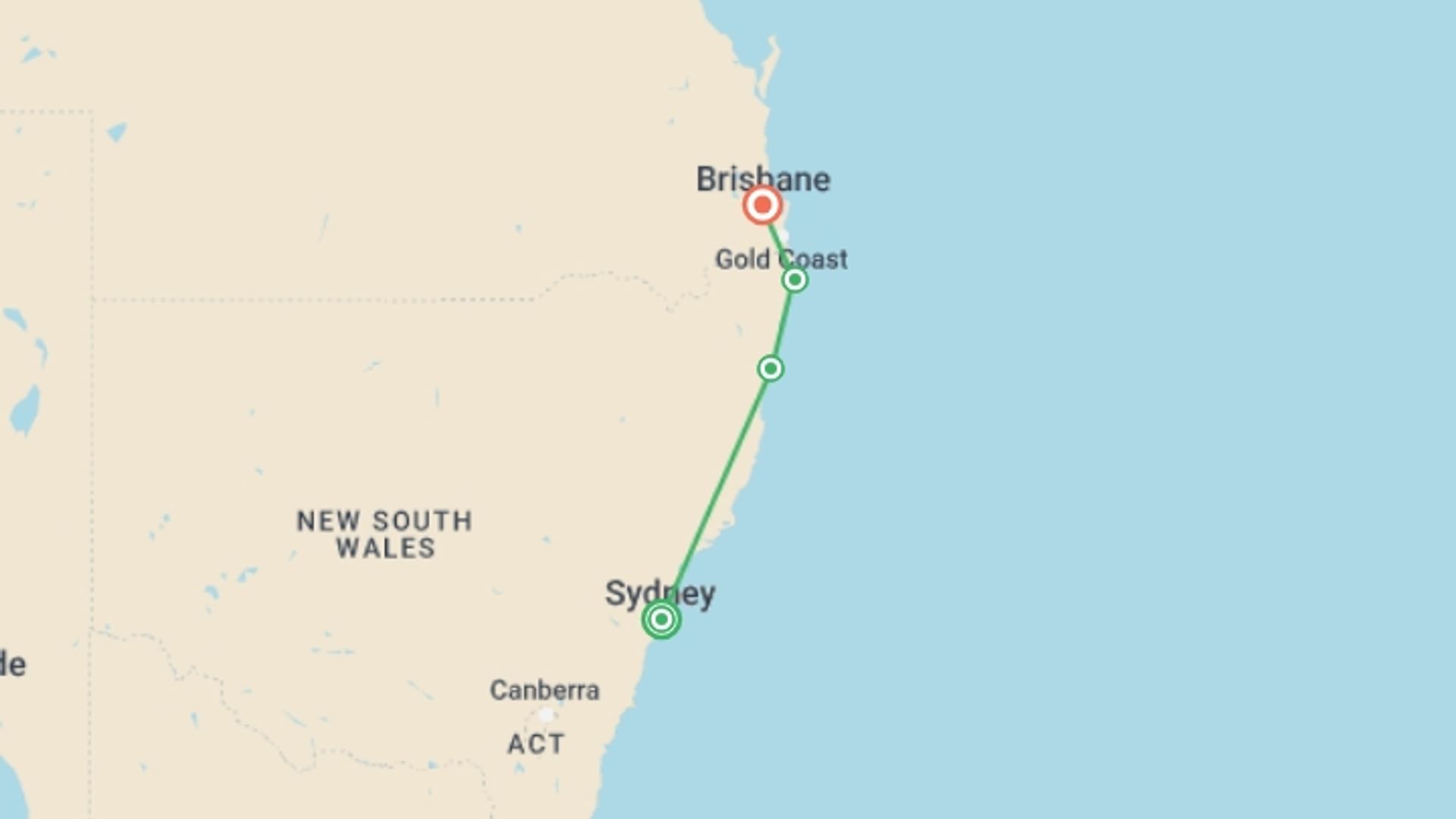 A map showing the tour itinerary for the trip: Sydney to Brisbane Experience: Bushwalks & Surfing, starting in Sydney and NSW, Australia and ending in Brisbane, Australia going through 3 other destinations.