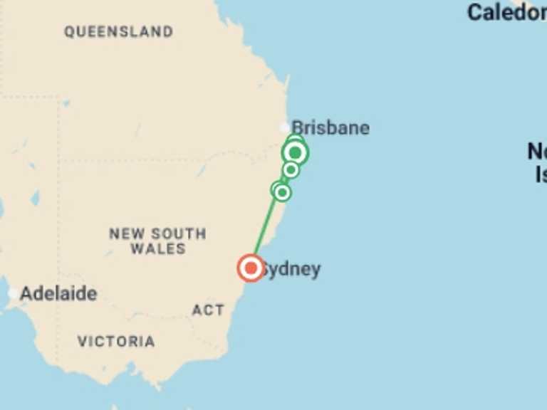 Map itinerary of Australia Tour in October 2027 with 7 destination visits for the trip: Sydney to Brisbane Adventure