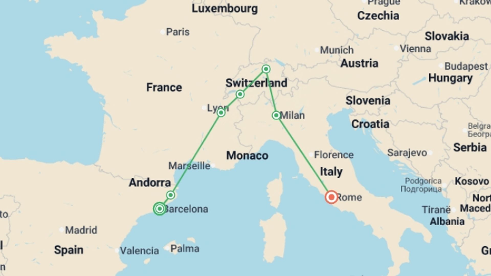 A map showing the tour itinerary for the trip: Spain, Switzerland and Rome, starting in Barcelona, Spain and ending in Rome, Italy going through 5 other destinations.