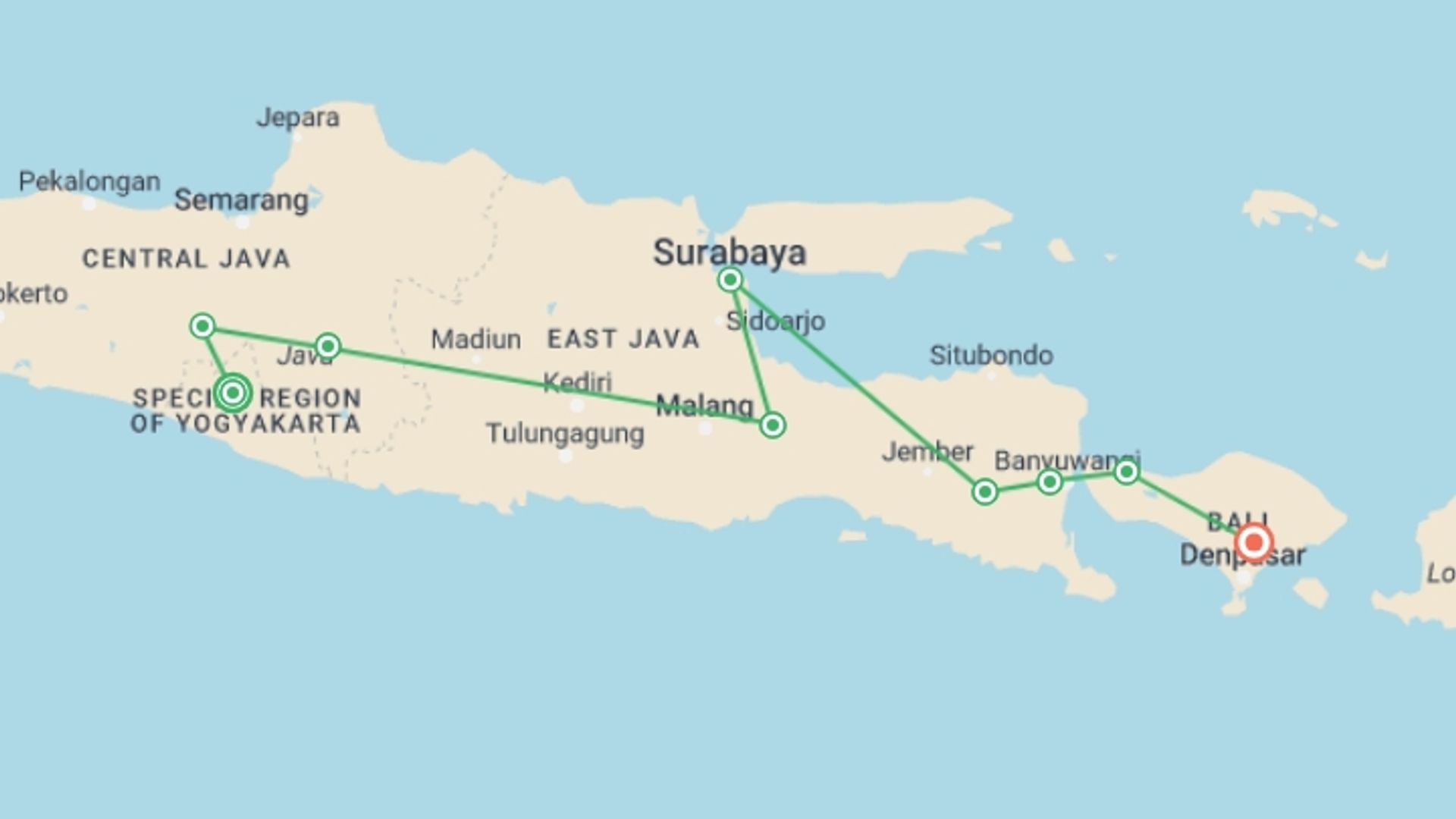 A map showing the tour itinerary for the trip: Indonesia: Yogyakarta, Java & Ubud, starting in Yogyakarta, Indonesia and ending in Ubud, Indonesia going through 7 other destinations.