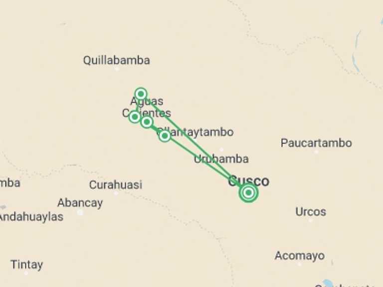 Map of a Cultural, religious and historic sites Tour with 4 destination visits for the trip: Four-day Hidden Inca Trail to Machu Picchu