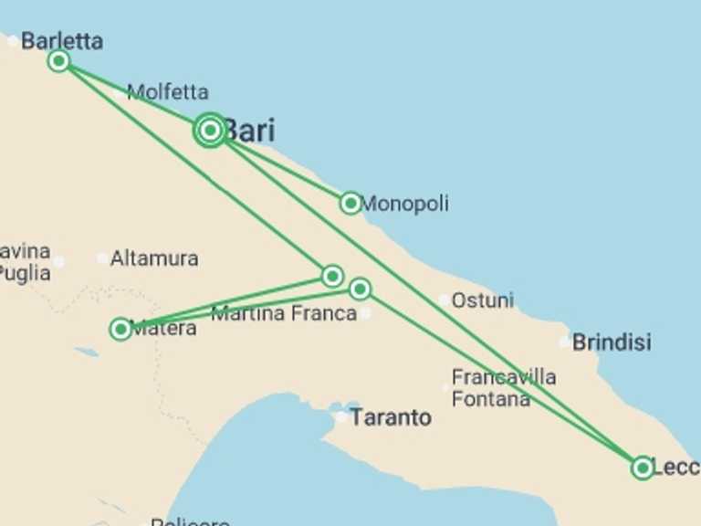 Map itinerary of Bari Tour in November 2025 with 5 destination visits for the trip: Puglia Discovery - 9 days