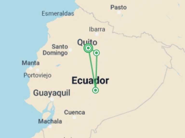 Map itinerary of Quito Tour in December 2026 with 3 destination visits for the trip: Ecuador Family Journey: Volcanoes and the Amazon
