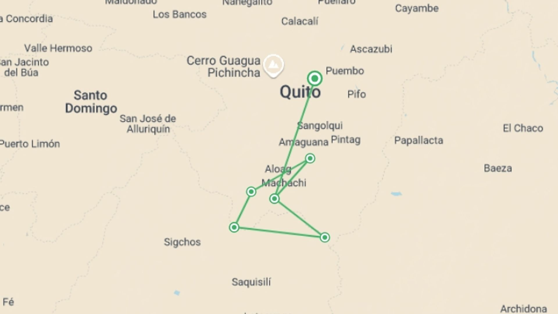 A map showing the tour itinerary for the trip: Cotopaxi Llama Express, starting in Quito, Ecuador and ending in Quito, Ecuador going through 6 other destinations.