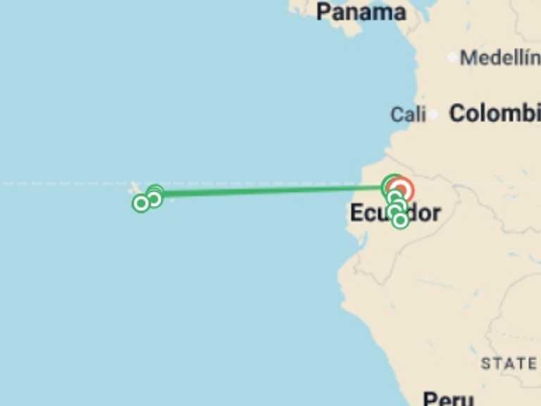 Map itinerary of South America Tour in July 2026 with 6 destination visits for the trip: Ecuador & Galapagos Family Adventure (Private) - 12 days