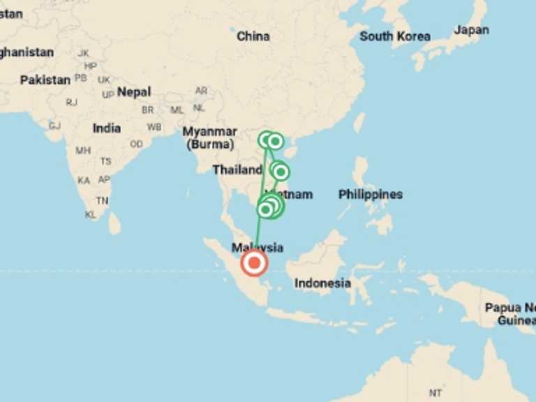 Map of Hanoi Local boat rides Tour with 7 destination visits for the trip: Best Of Singapore and Vietnam