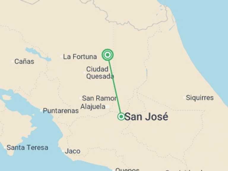 Map itinerary of Costa Rica Tour in February 2027 with 2 destination visits for the trip: Sarapiqui With White River Rafting, Short Break