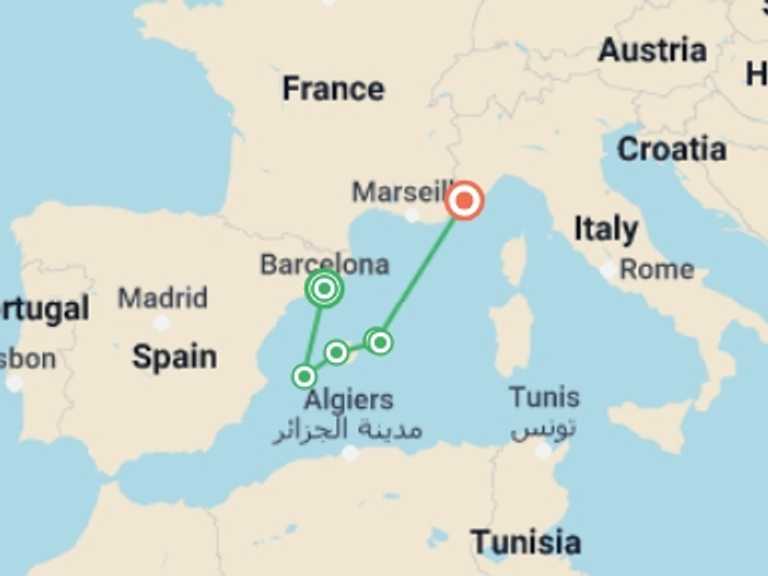 Map of a Cruise Tour with 5 destination visits for the trip: Sun and Fun in the Balearic Islands
An exciting cruise to Barcelona and the Balearic Islands (port-to-port package)