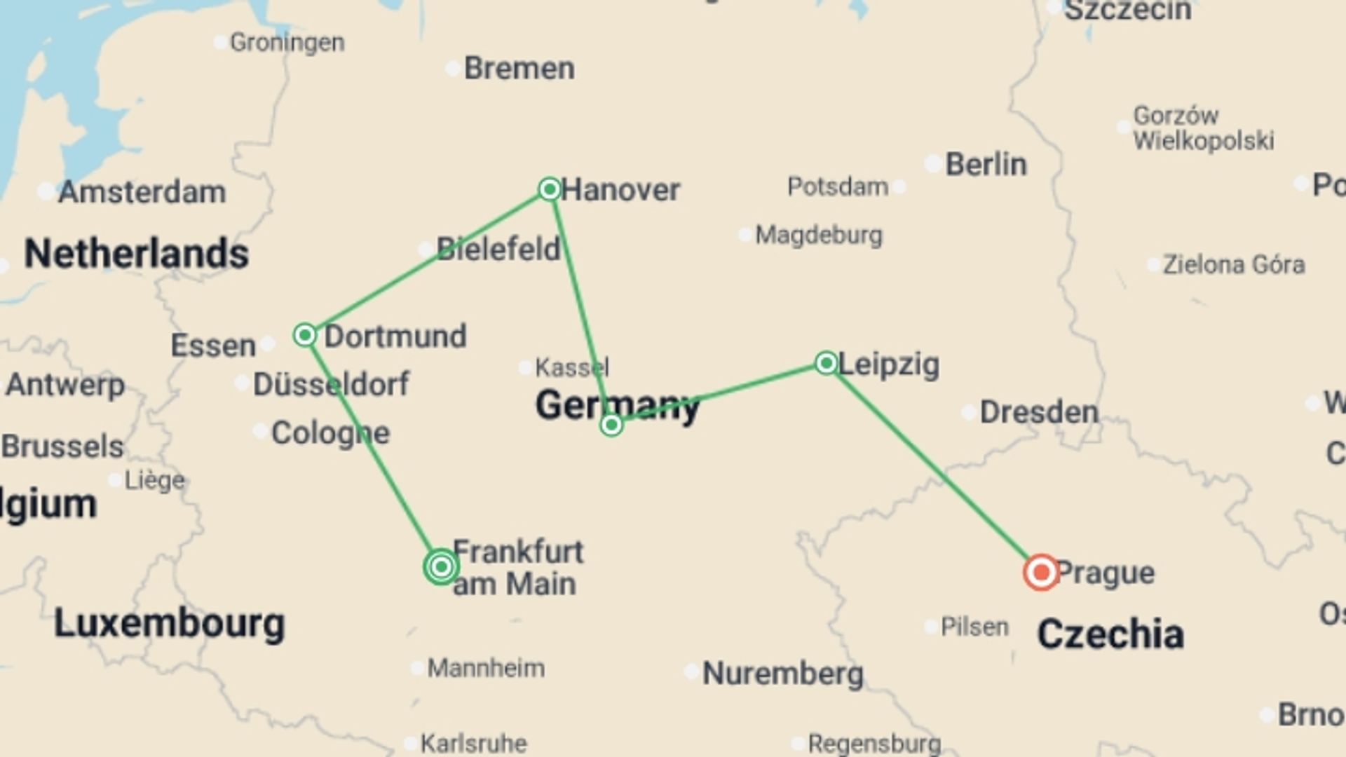 A map showing the tour itinerary for the trip: Tour of the Heart of Germany, Ending in Prague, starting in Frankfurt, Germany and ending in Prague, Czech Republic going through 4 other destinations.