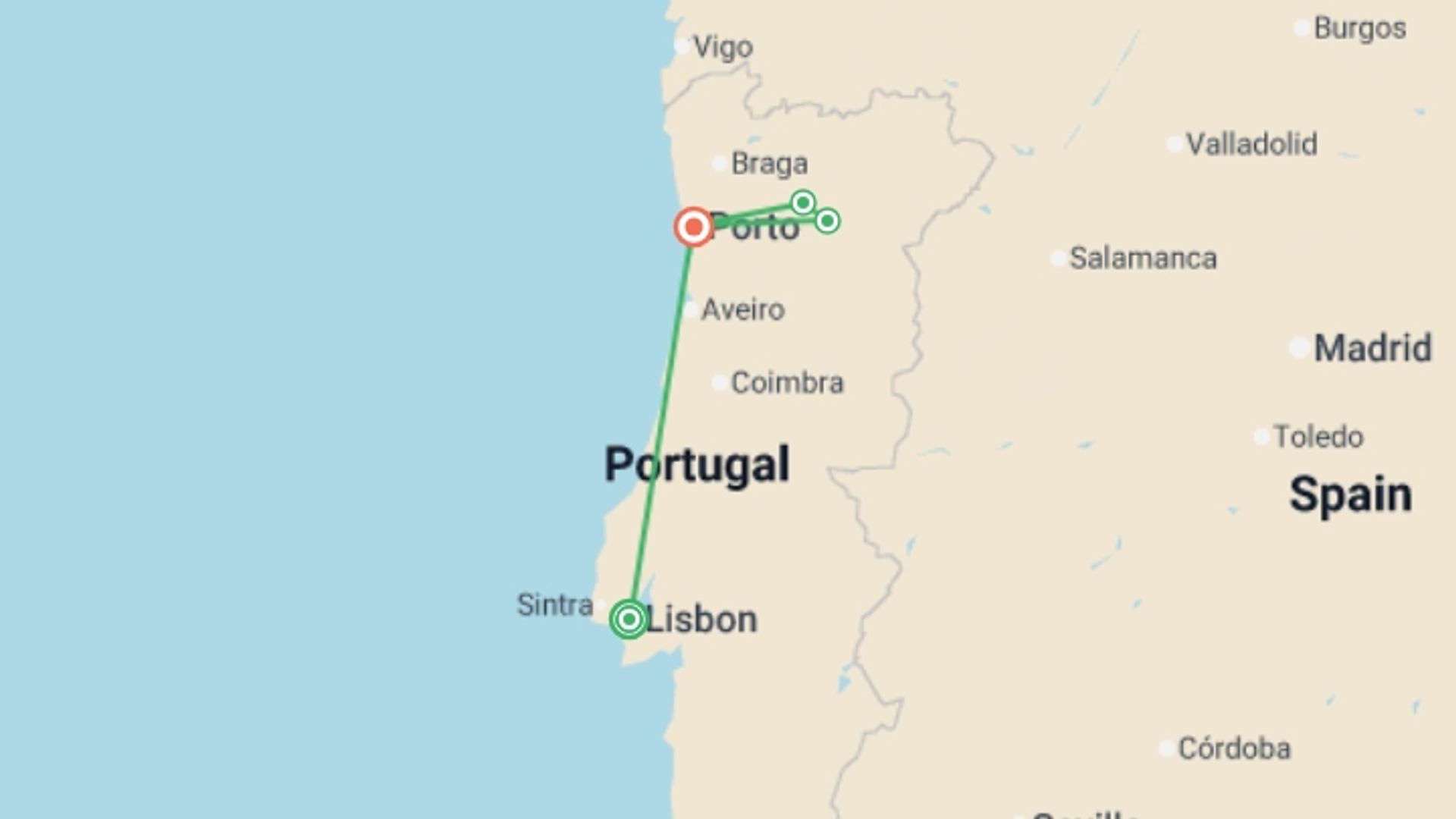 A map showing the tour itinerary for the trip: Charming Lisbon and Douro Cruise Special, starting in Lisbon, Portugal and ending in Porto, Portugal going through 2 other destinations.