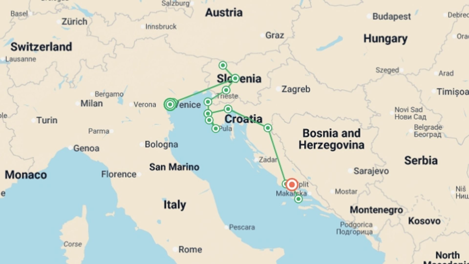 A map showing the tour itinerary for the trip: Venice & Slovenia to Split - 11 days, starting in Venice, Italy and ending in Split, Croatia going through 4 other destinations.