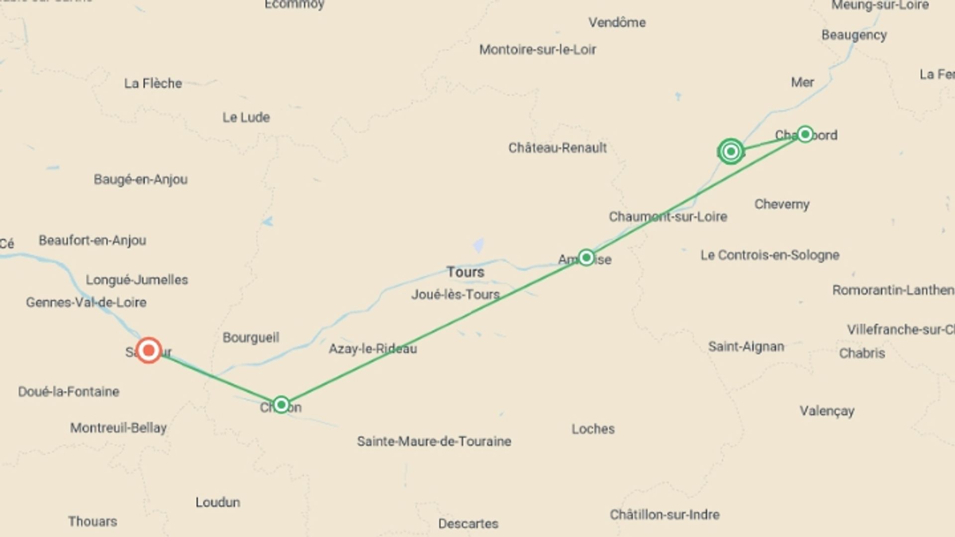 A map showing the tour itinerary for the trip: Cycle the Loire Valley, starting in Blois, France and ending in Saumur, France going through 6 other destinations.