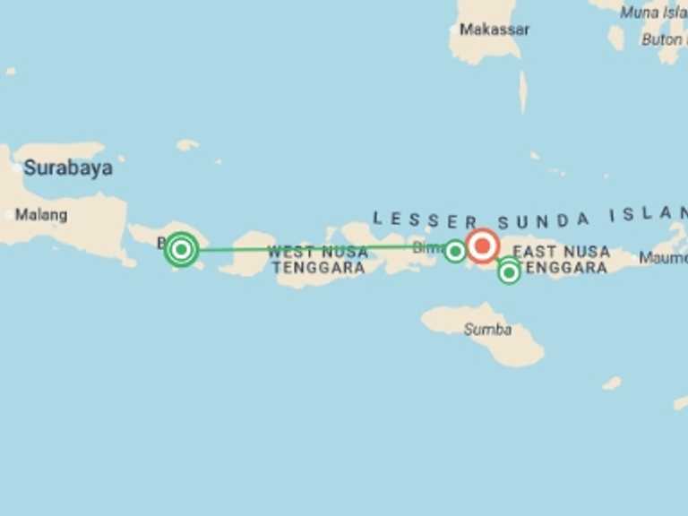 Map itinerary of Indonesia Tour in July 2027 with 5 destination visits for the trip: Ubud to Flores: Komodo Dragons, Beaches & Tribal Treks