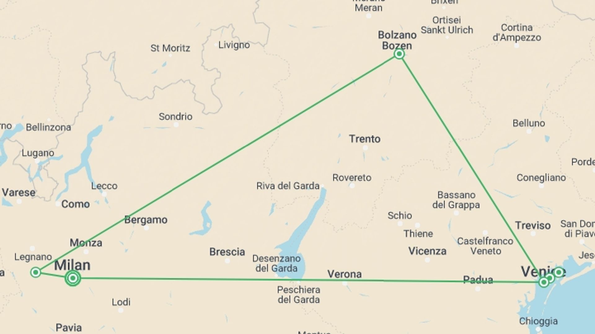 A map showing the tour itinerary for the trip: Authentic Northern Italy Tour, starting in Milan, Italy and ending in Milan, Italy going through 6 other destinations.