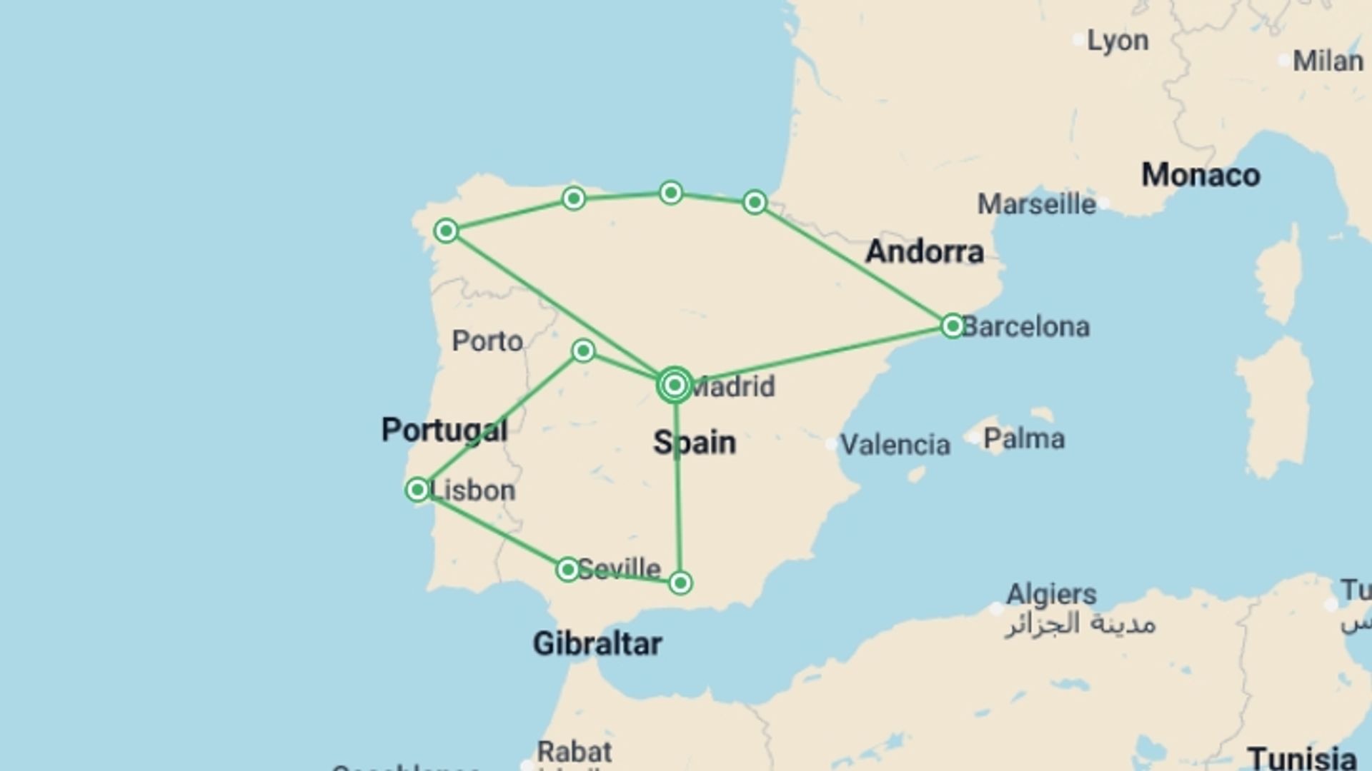 A map showing the tour itinerary for the trip: Grand Spain & Portugal, starting in Madrid, Spain and ending in Madrid, Spain going through 1 other destinations.