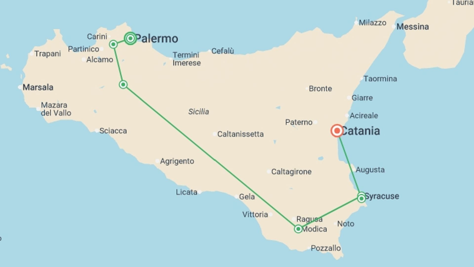 A map showing the tour itinerary for the trip: A Taste of Sicily - Palermo to Syracuse, starting in Palermo, Italy and ending in Catania, Italy going through 0 other destinations.