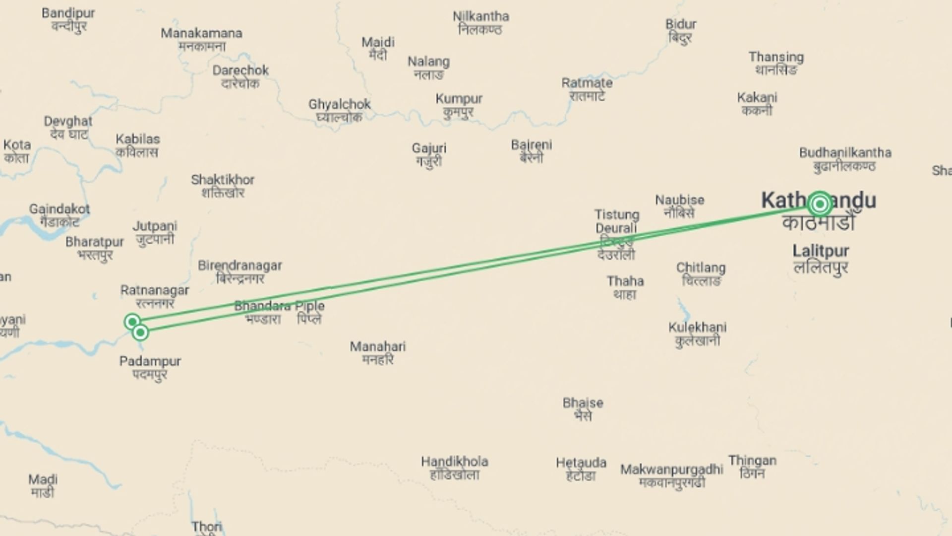 A map showing the tour itinerary for the trip: Chitwan  National Park Safari, starting in Kathmandu, Nepal and ending in Kathmandu, Nepal going through 2 other destinations.