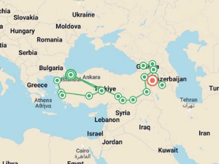 Map itinerary of Istanbul Tour in September 2027 with 16 destination visits for the trip: Turkey, Georgia & Armenia Encompassed
