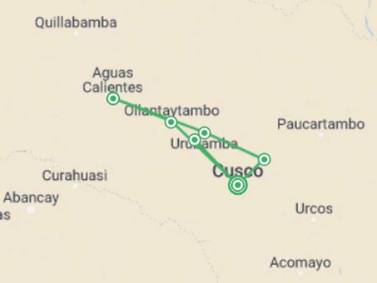 Map of Peru Tour with 5 destination visits for the trip: Magic Package Cusco, Sacred Valley and Machu Picchu 5days