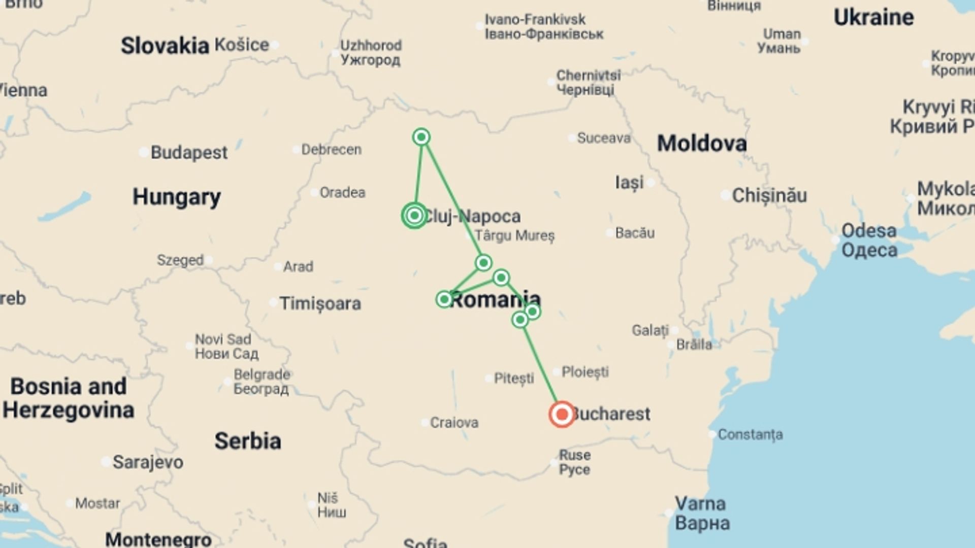 A map showing the tour itinerary for the trip: Highlights of Romania, starting in Cluj-napoca, Romania and ending in Bucharest, Romania going through 6 other destinations.