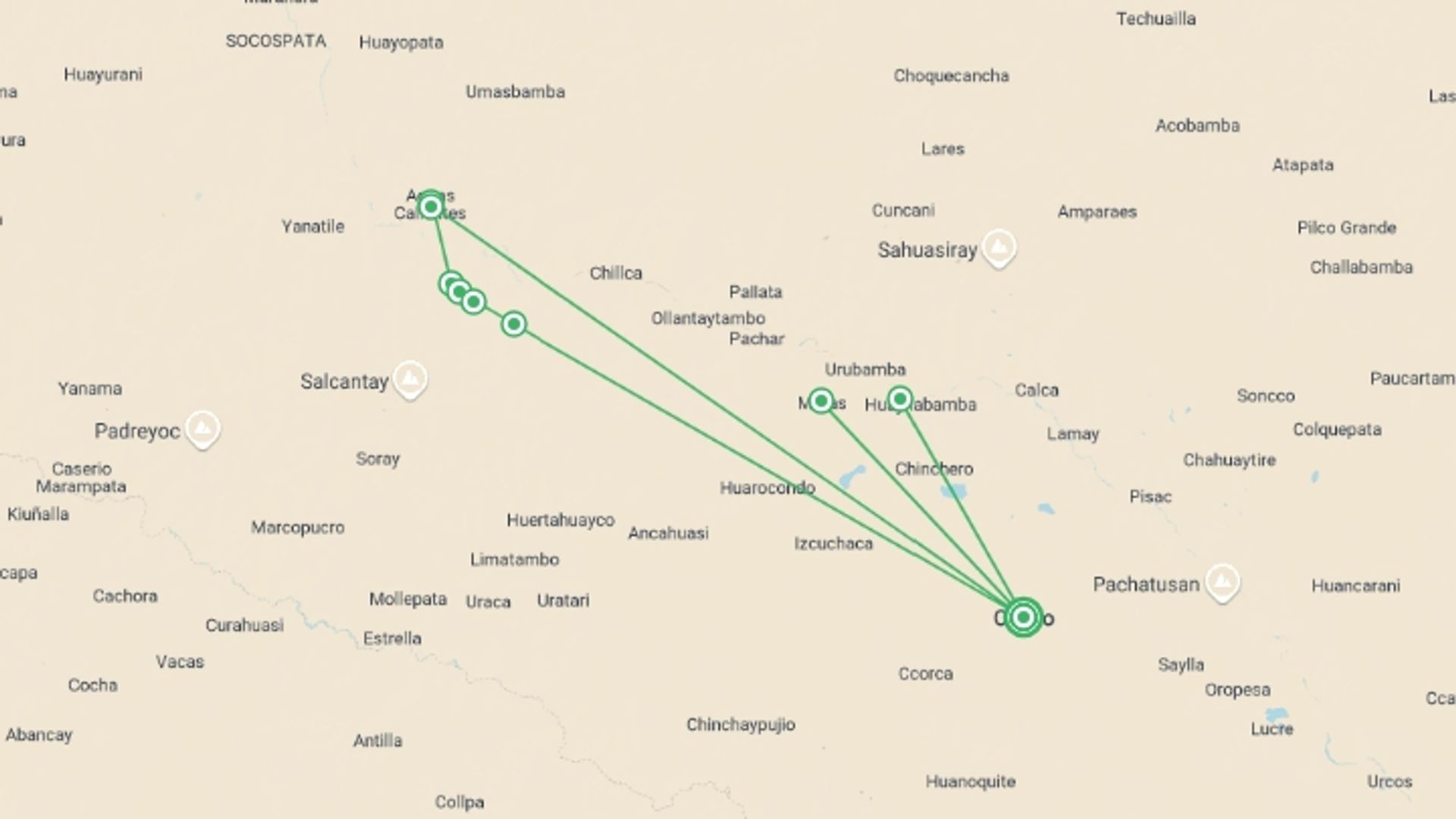 A map showing the tour itinerary for the trip: Machu Picchu Trek & Cuzco Adventure 10D/9N, starting in Cusco, Peru and ending in Cusco, Peru going through 3 other destinations.