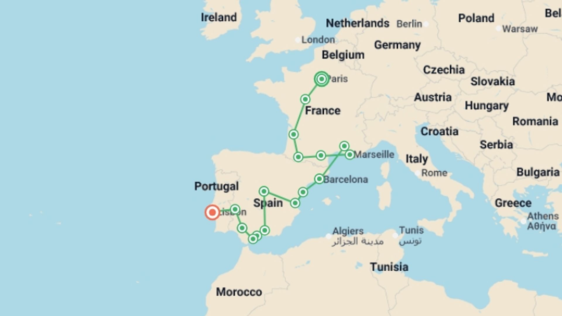 A map showing the tour itinerary for the trip: Paris, Lourdes, Côte d'Azur, Provence with Spain and Lisbon, starting in Paris, France and ending in Lisbon, Portugal going through 7 other destinations.